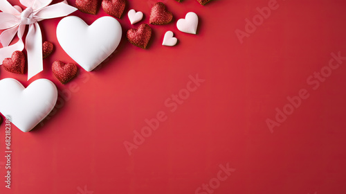 Valentine Day composition with a few tiny hearts, and Valentine elements on red background, copy space for text,valentines background with hearts, top view © Planetz
