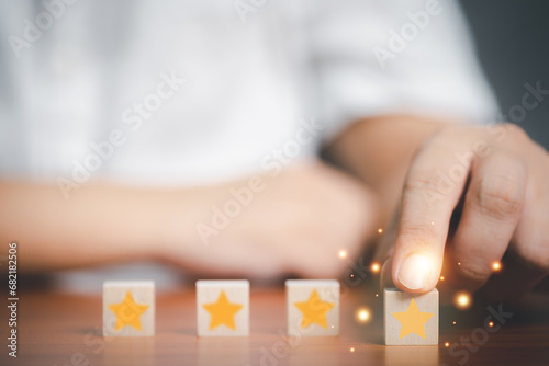 Customer Satisfaction Survey concept, star satisfaction, service experience rating online application, customer evaluation product service quality, satisfaction feedback review, good quality most.