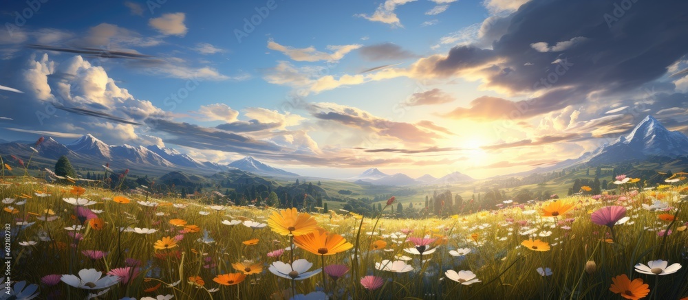 In the summer sky, the vibrant colors of nature unfolded as the spring flowers bloomed, painting the landscape with a blanket of white, blue, and green, illuminating the garden with their floral