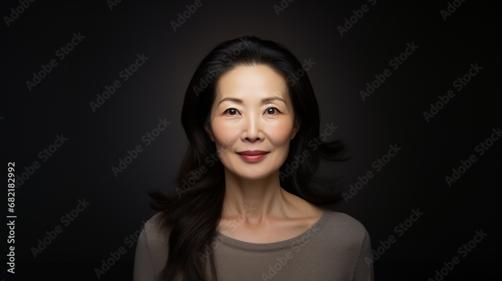 Stylish confident adult 50 years old asian woman looking at camera on light background Stylish confident adult 50 years old asian woman looking at camera on light background