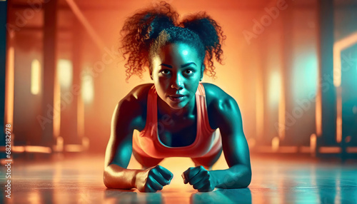 African American young attractive woman doing pushups at the gym.