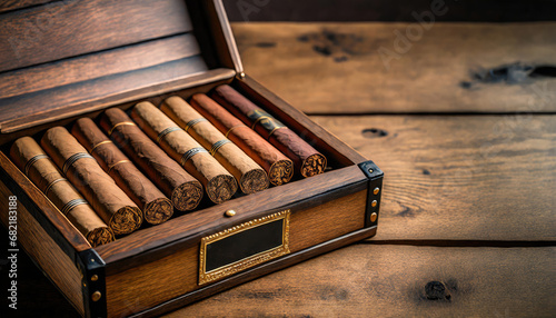 Box of Cuban cigars in a wooden box over wooden table. © Cagkan