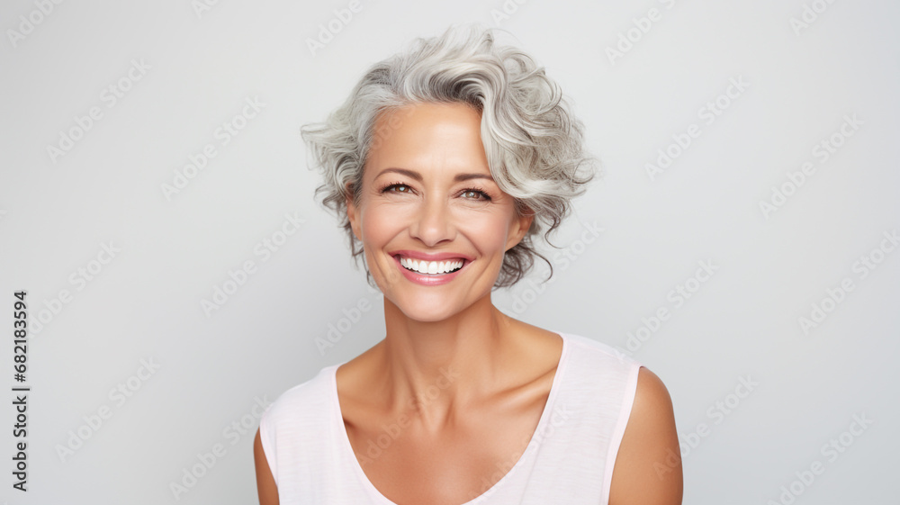 a beautiful middle aged model woman smiling with clean teeth. used for a dental ad. isolated on white background
