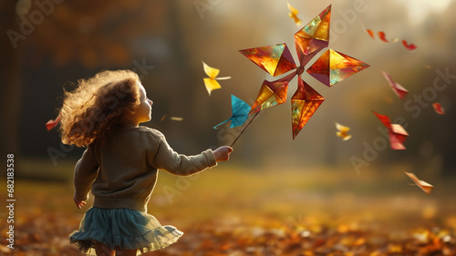 A child ran through the park holding a colorful pinwheel photo