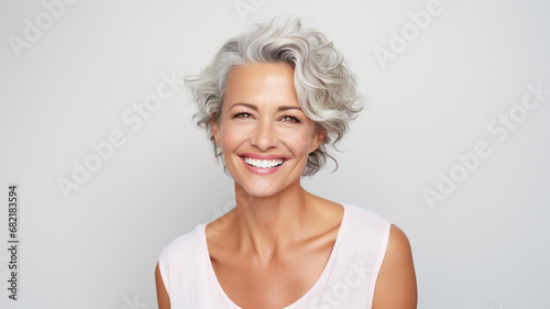 a beautiful middle aged model woman smiling with clean teeth. used for a dental ad. isolated on white background