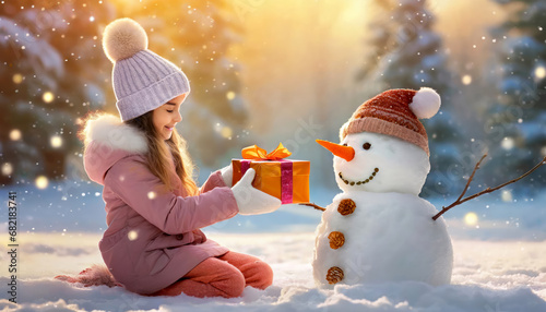 Cute little girl gives a gift to a snowman in a snowy winter landscape background. © Cagkan