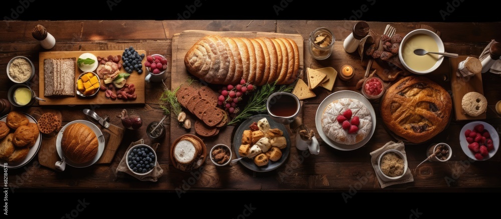 From a top view, the breakfast consisted of a delicious spread of baked goods from the local bakery, including turkey-filled bread, crisp pastries with sesame seeds, and a wooden board topped with a From a top view, the breakfast consisted of a delicious spread of baked goods from the local bakery, including turkey-filled bread, crisp pastries with sesame seeds, and a wooden board topped with a