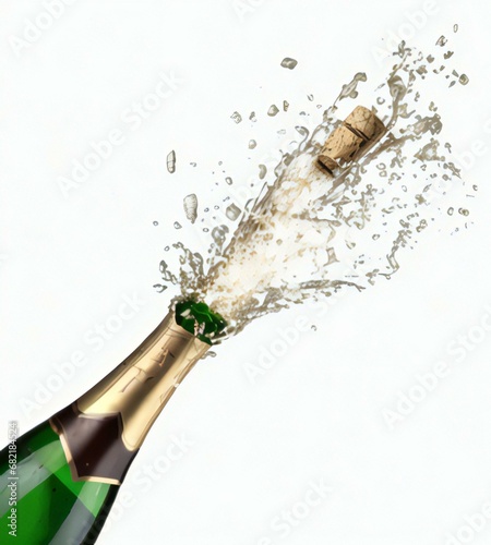 champagne bottle and cork is splash with the champagne isolated to white background	
