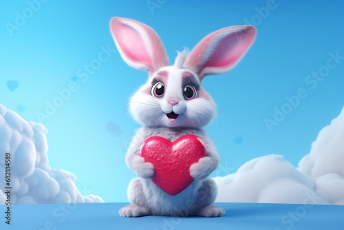 Valentine's day card with Kawaii bunny. Rabbit cartoon collection. Small lovely rabbit holds love heart © Canvas Alchemy