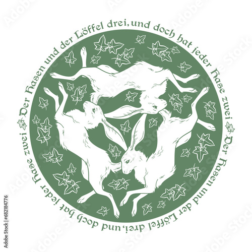 Three hares with three ears medieval magic symbol of fertility isolated. Sticker, print or tattoo design vector illustration. Pagan totem, wiccan familiar spirit art