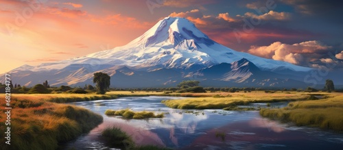 In the breathtaking landscape of Latin America's Ecuador, the towering Cotopaxi volcano stands majestic against the sky, its snow-capped peak reflecting sunlight off the glacier-covered slopes, while