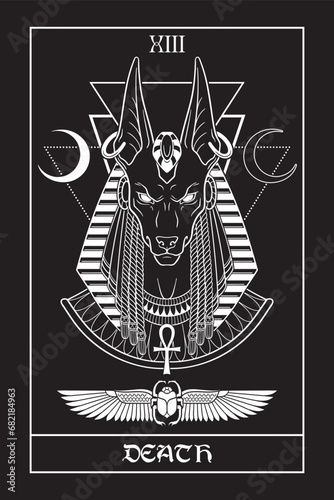 Egyptian tarot card Death with Anubis ancient Egyptian god in gothic style hand drawn vector illustration