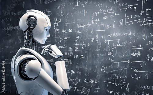 Humanoid robot or cyborg in front of a blackboard with scientific formulas.