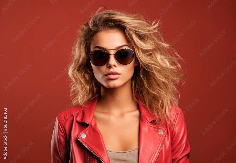 Portrait of a young, fashionable woman wearing sunglasses on a plain background Portrait of a young, fashionable woman wearing sunglasses on a plain background