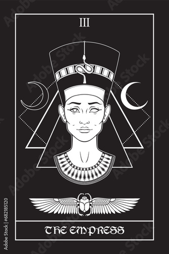 Egyptian tarot card The Empress with Nefertiti ancient Egyptian queen in gothic style hand drawn vector illustration