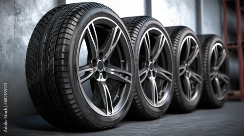 Car wheels. Four new black tyres with alloy discs in garage. gen photo