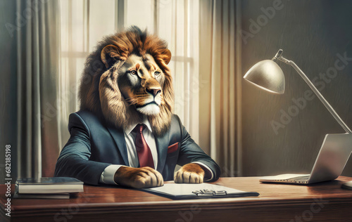Illustration of an anthropomorphic lion businessman sitting at his desk in the office. © Cagkan