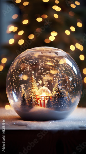 Christmas glass ball. Crystal ball with water and Christmas scene. Crystal ball with snow  houses  trees  stars  christmas balls...