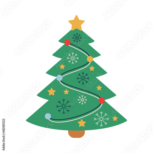 Christmas tree with decorations. Winter holiday elements.