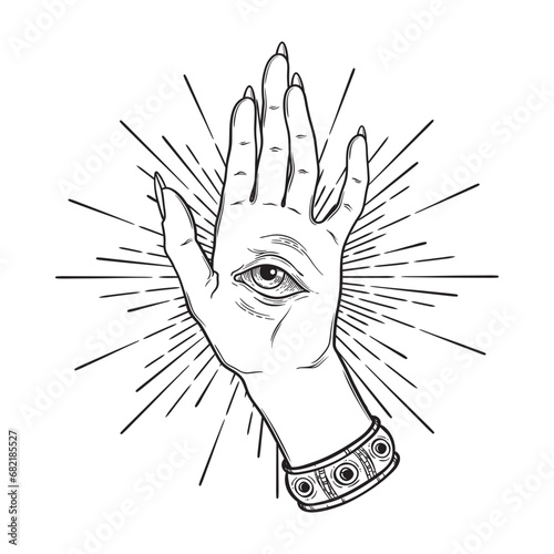 Spiritual hand with the allseeing eye on the palm. Occult design isolated vector illustration