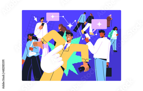 Smm, social media, network concept. Cursor choose person in crowd to follow. Targeting advertising. Online communication. People chat in internet by smartphone, send messages. Flat vector illustration