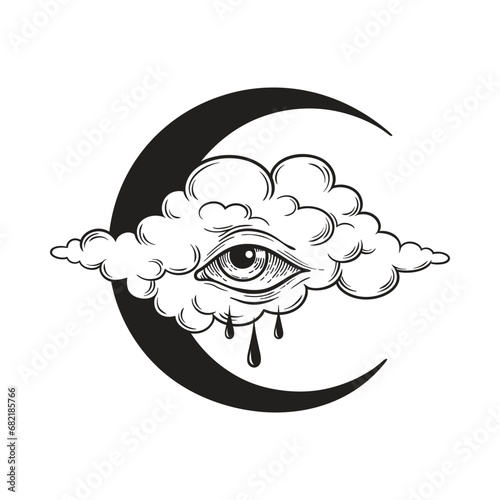 Dripping eye in the cloud with crescent moon, crying skies allseeing eye of god graphic tattoo or print design isolated vector illustration photo