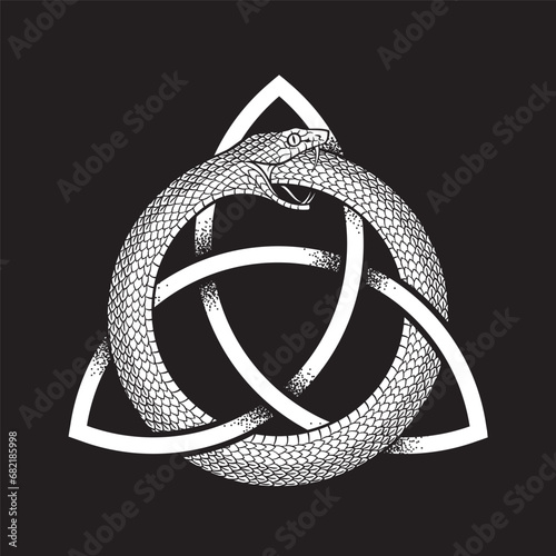 Ouroboros or uroboros serpent snake consuming its own tail and ouroboros. Tattoo, poster or print design vector illustration