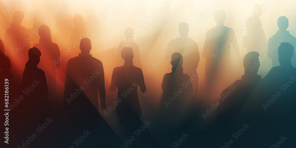 Fototapeta premium Menschenmenge im Nebel, Schatten, Sihouette, Demonstration, Demo, Disco, Schemenhaft