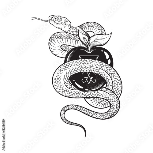 Serpent with the forbidden fruit from the tree of knowledge with the sigil of Lucifer line art and dot work. Boho chic tattoo, poster, tapestry or altar veil print design vector illustration.