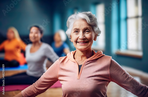 Elderly senior woman in stretching exercise class. Retirement and active living.