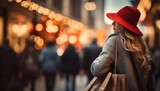 A Woman in a Red Hat Strolling Along a Vibrant City Street