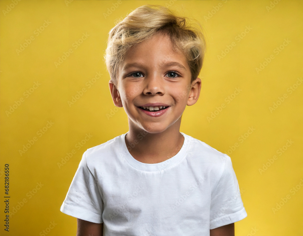 Portrait of a smiling little boy wearing a white tshirt, isolated on a yellow background Portrait of a smiling little boy wearing a white tshirt, isolated on a yellow background