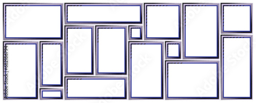 An abstract photo frames collage or grid layout resembling a comics page, utilizing pictures or photos. This digital photo wall template is designed for a dynamic visual presentation.