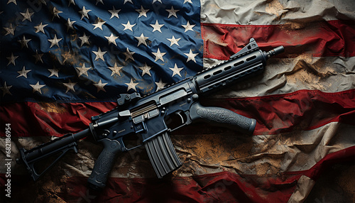 Handgun lying on American flag. United states of America and weapons concept. USA flag. Gun law in America VS