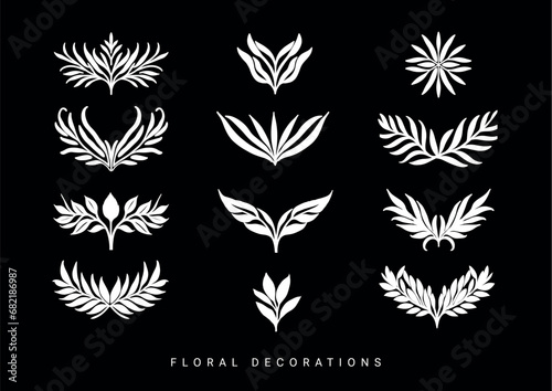 Hand drawn floral elements in line art style. Greenery for decoration, wild and garden plants, branches, leaves. Vector illustration for logo, tattoo, wedding invitation, save the date card