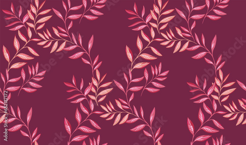 Burgundy Leaves stem seamless pattern. Abstract, artistic, tropical, modern, colorful branches leaf print. Vector hand drawn. Template for textile, fashion, print, surface design, paper, cover, fabric