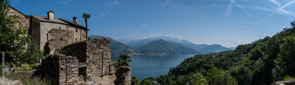 Large panoramic view of Lago Maggiore from a beautifully preserved medieval village Carmine Superiore. Northern Italy Large panoramic view of Lago Maggiore from a beautifully preserved medieval village Carmine Superiore. Northern Italy