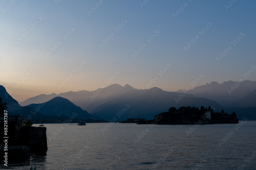 Panoramic view of Lago Maggiore Lake and Borromean islands in the evening time. Stresa. Italy