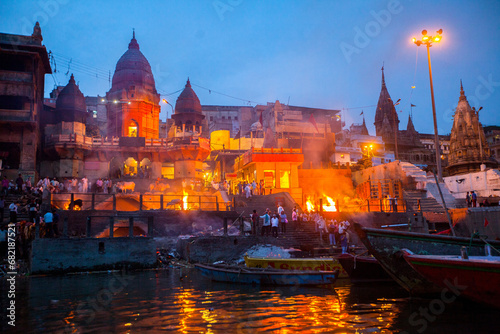 Funeral pyres at Manikarnika Ghat, Varanasi, Banaras, Benaras, Kashi, Uttar Pradesh, India photo