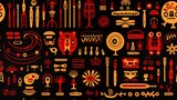 Multi-colored ornaments, drawings, feathers, trees, people, symbols on a dark background, Indian ornaments, wallpaper, seamless, banner, multi-colored background