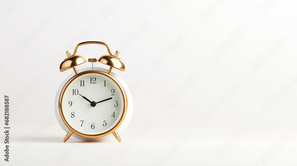 Retro alarm clock on white uniform background. Time to work or get up concept. Generative AI Retro alarm clock on white uniform background. Time to work or get up concept. Generative AI