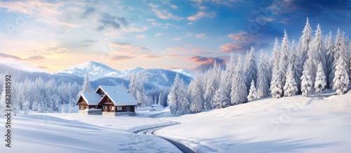 In the beautiful winter landscape of Bohemia, amidst the snow-covered mountains, a cozy wooden house with a spruce roof stood in a forest, surrounded by trees dressed in white. The park nearby offered photo