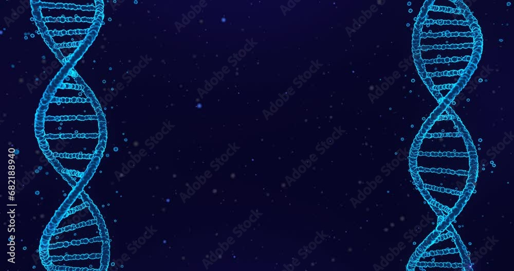Abstract animated construction of a DNA molecule from particles. Concept animation of digital DNA, human genome. Medical research, genetic engineering, biology. Futuristic 4k loop animation of DNA.