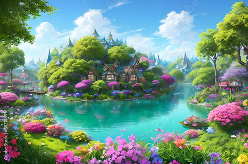 Beautiful bright fairy-tale landscape trees green grass, fantasy style,Generative AI