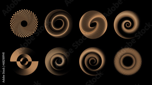 A spiral dots backdrop with an abstract Copper-golden-colored vector illustration on a black background. This trendy design element suits frames, round logos, signs, symbols, web graphics, prints