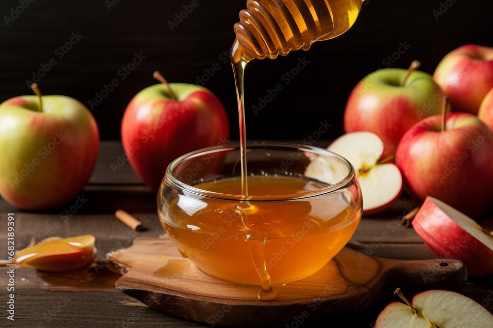Rosh Hashana – Jewish New Year holiday celebration concept. Traditional symbols –apple and honey on the table