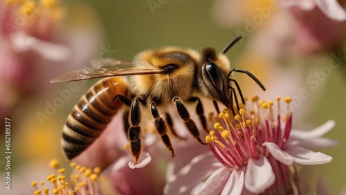 Bee close up macro shot, insect of honey closeup, bee collects pollen. Generated with AI photo