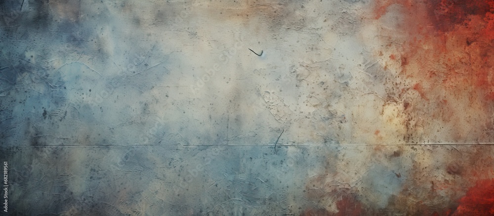 In the vast expanse of the background, a mottled texture emerged, capturing the essence of photography with the subtle interplay of gray tones. The abstract pattern on the vintage, blue and red paper - obrazy, fototapety, plakaty 