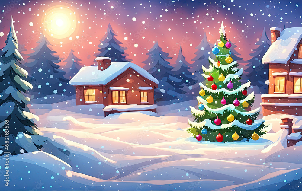 Christmas tree with gifts. Holiday boxes with Christmas gift with ribbon bow, on snow in winter forest in background, night holiday lights. This photo was generated using Playground AI