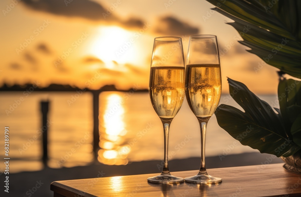 Two glasses of champagne against the background of the ocean, romance, AI generated.